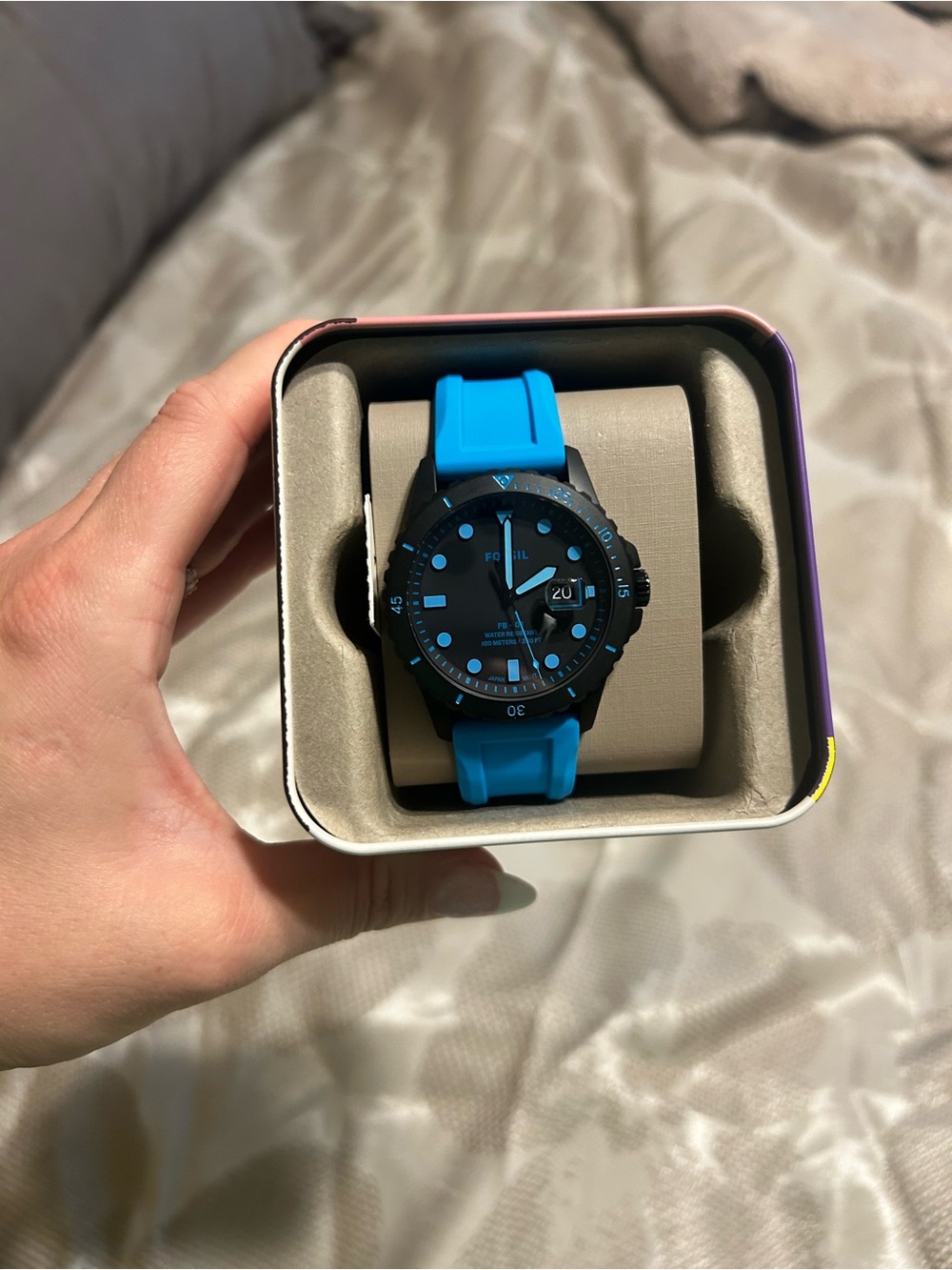 Fossil FB-01 FS5682 Neon Blue Dive Watch NWT